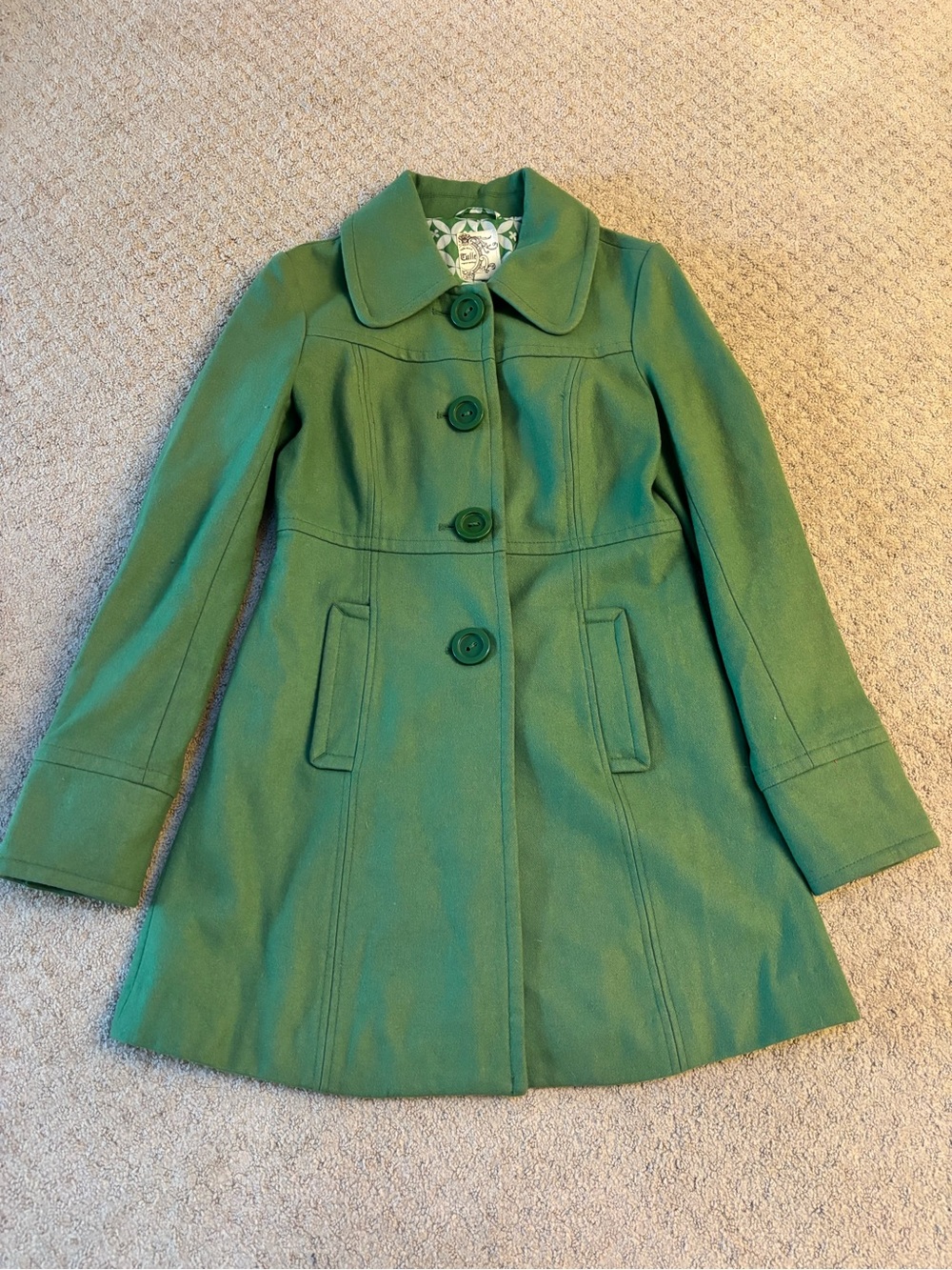 Anthropologie Tulle Vintage Long Green Pea Coat Women S Mod Retro Button Jacke